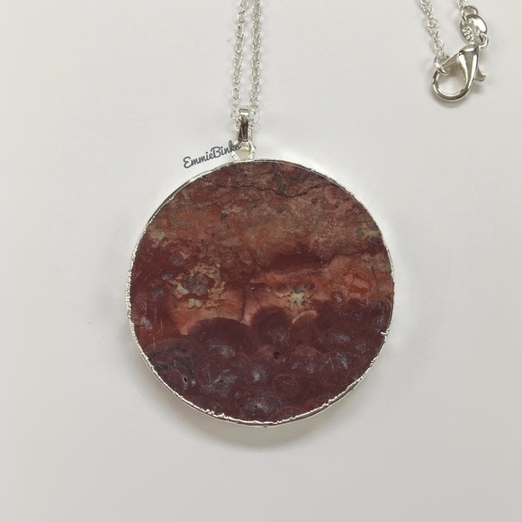 New 925 Sterling Silver Red Mexican Happy Lace Agate Slice Pendant Necklace - Picture 4 of 13